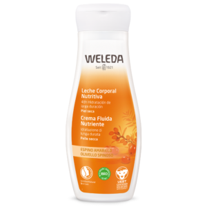 Leche Corporal Nutritiva de Espino Amarillo, proporciona hidratación y nutrición a la piel. Ideal para piel seca.